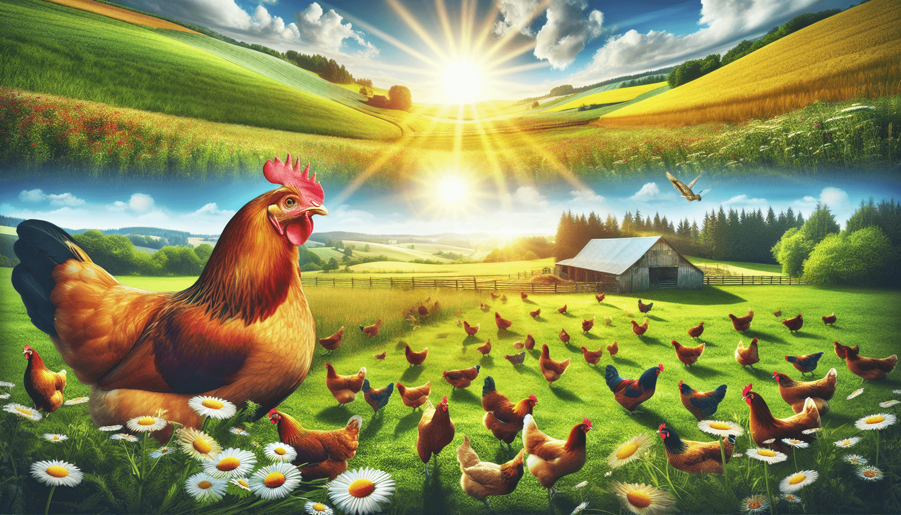 Free-range chickens on a sunny farm